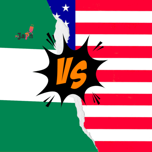 An image of the nigerian flag vs a United states flag and the logo of MyJapa.ng